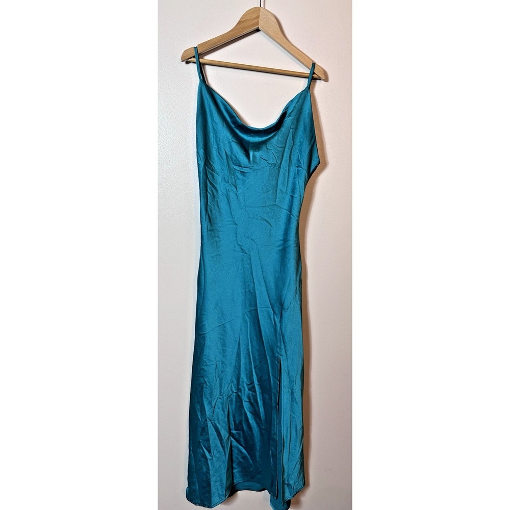Paper Hearts Slip Dress Small Teal Blue Cowl Neck Strap Split Maxi Y2K 90s S